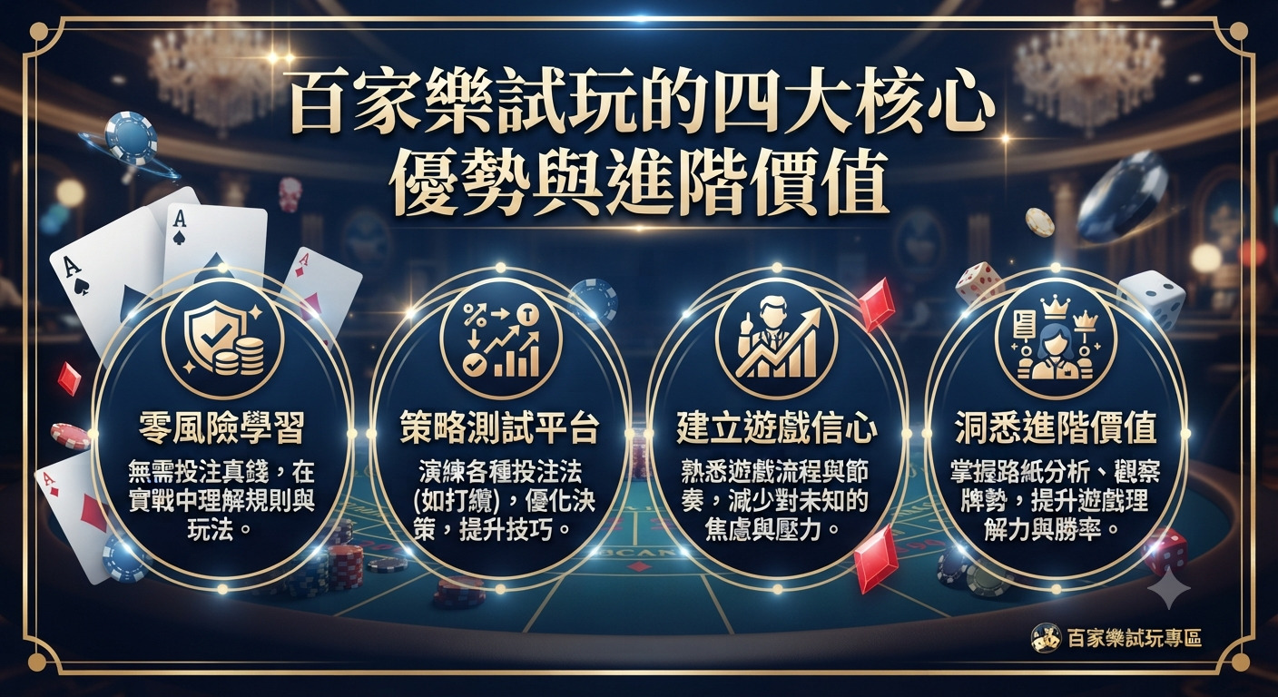 這張圖片以高級賭場為背景，主題為「百家樂試玩的四大核心優勢與進階價值」。 畫面中包含了清晰的標題文字以及四個展示核心優勢的圓形圖標與詳細說明。