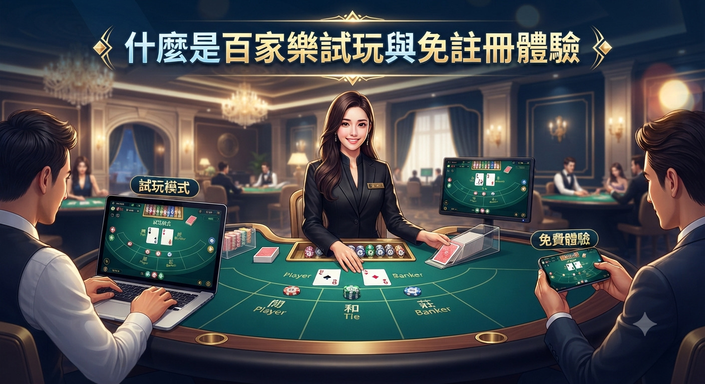 這張圖片展示了一場線上百家樂遊戲的試玩與免註冊體驗場景，畫面中央有一位專業的荷官和玩家。 上方醒目地標示著主題文字：「什麼是百家樂試玩與免註冊體驗」。